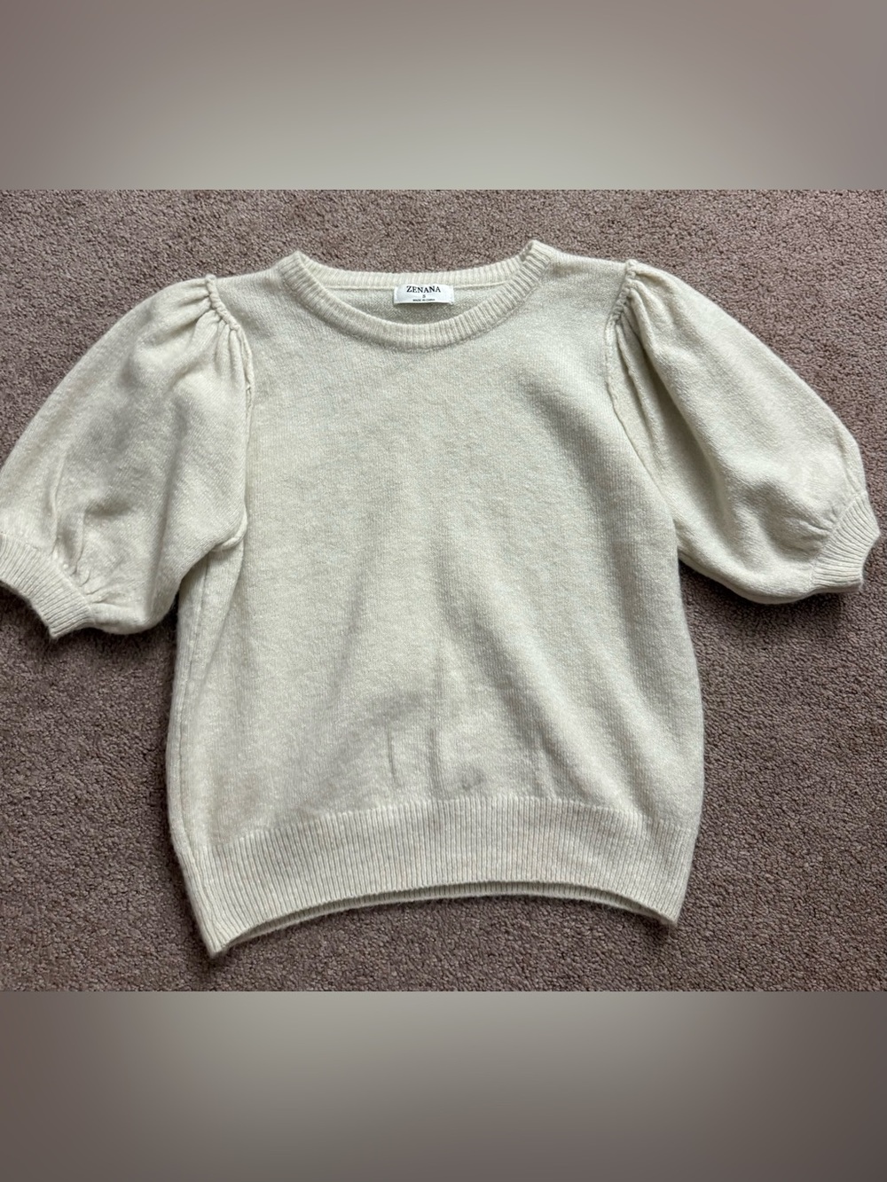Zenana Outfitters Cream Puff-Sleeve Crew Neck Sweater